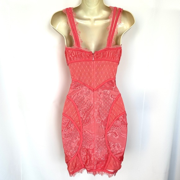 NWT BEBE Y2K CORAL PINK LACE OVERLAY DEEP V CORSET SEXY BODYCON MINI DRESS SzXS - Picture 4 of 12